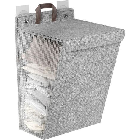 Panier à linge pliable 60L avec couvercle et poignées, design en maille respirante des deux côtés, organisateur de linge sale imperméable gris, suspendu ou mural, 41x15x58cm (1/4)