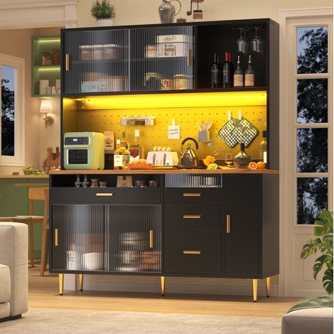 Credenza alta nera 145 x 39 x 171 cm con LED, ante scorrevoli in vetro e ripiani regolabili, OKWISH (1/5)