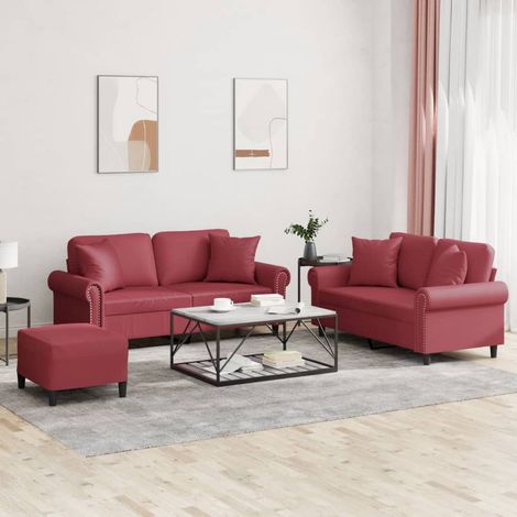 3-tlg. Sofagarnitur mit Kissen Weinrot Kunstleder (1/5)