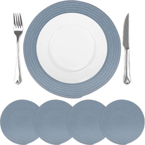 Lot de 4 sets de table bleus ronds tressés, antidérapants, lavables et résistants à la chaleur, 33x33 cm. (1/5)