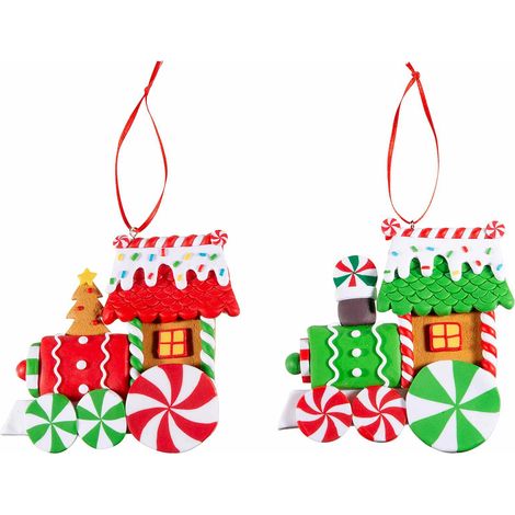 Addobbo albero a trenino di Natale in pasta di resina colorata con cordino per appendere, set da 10 pezzi, cm 10,5 x 10 H