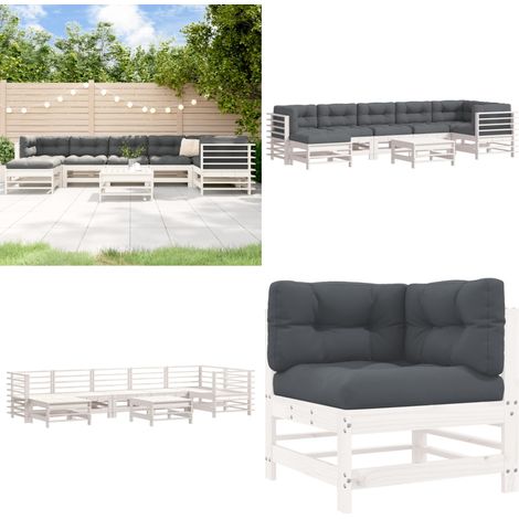 Juego de muebles jardín 8 pzas y cojines madera maciza blanco - Muebles de jardín - Sofás de jardín