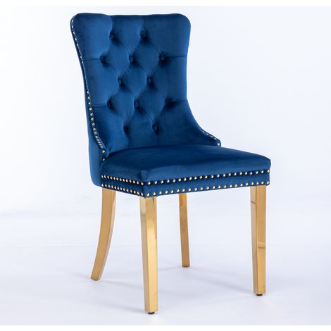 Chaise de salle à manger moderne en bois massif, revêtement velours bleu, capitonnée avec clous dorés, piètement acier inoxydable, élégante et haut de gamme, set de 2, modèle DE1601BL (1/5)