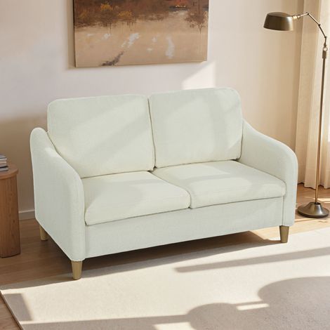 Zweisitzer-Sofa mit atmungsaktivem Sherpa-Bezug, zwei abnehmbaren und waschbaren Kissen, Beinen aus Eukalyptusholz, platzsparendes Sofa mit Armlehnen für Wohnzimmer und Lounge, 137 x 69 x 82 cm, Creme