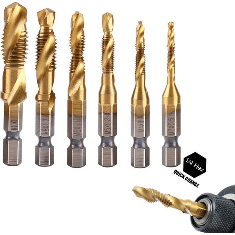 RHG 6 Pcs 1/4" Forets Métriques à Filetage Et Tarauds Hss (M3-M10)En Acier Rapide (Revêtu De Titane) - Pour Une Dureté Et Une Résistance à La Rouille Élevées