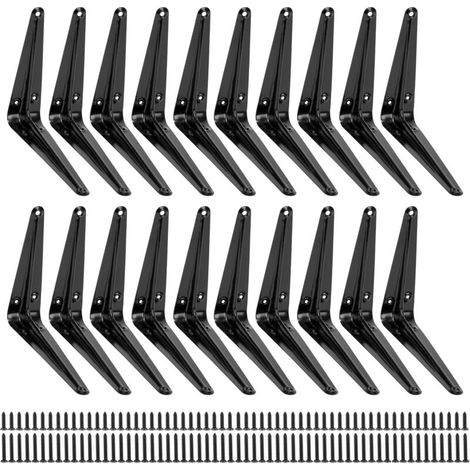 Pack of 20 black metal wall shelf brackets with screws, 150 x 125 mm