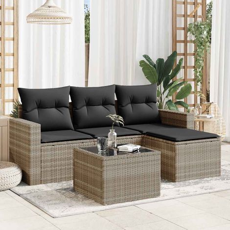 5-tlg. Garten-Sofagarnitur mit Kissen Hellgrau Poly Rattan (1/3)