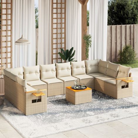 11-tlg. Garten-Sofagarnitur mit Kissen Beige Poly Rattan (1/3)