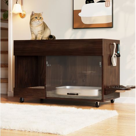 Mueble escondedor de arenero para gato 100 x 45,5 x 67 cm, con ruedas, MDF color nogal DESVIAE (1/5)