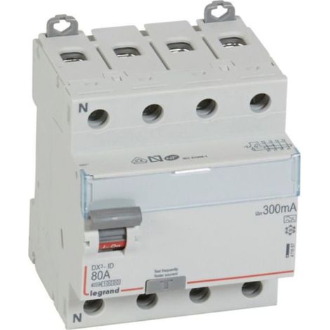 Interrupteur différentiel DX³-ID arrivée haute et départ bas à vis - 4P 400V 80A typeA 300mA - 4 modules - LEGRAND