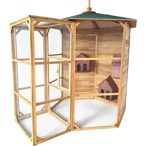 Volière hexagonale en bois traité avec sas et abris (1/5)