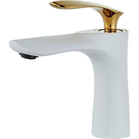 Robinet de lavabo de salle de bain au fini blanc Mitigeur chromé doré Lavabo à montage sur pont à 1 trou Robinet en laiton à double finition (1/5)