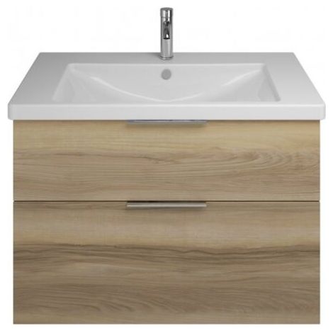 Burgbad Eqio Keramik-Waschtisch mit Unterschrank, 2 Auszüge und Griffleiste Frassino Dekor Cappuccino/Alpinweiss 93 cm Chrom