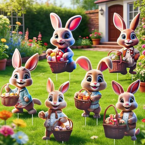 Lot de 6 piquets de jardin en forme de lapins de Pâques – Décoration de Pâques résistante aux intempéries pour l'extérieur, grands lapins de Pâques et œufs de Pâques pour jardin, pelouse