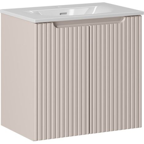 Ensemble de salle de bain VANO cachemire et blanc 60cm : meuble sous vasque à placards rainuré verticalement + vasque encastrée (1/5)