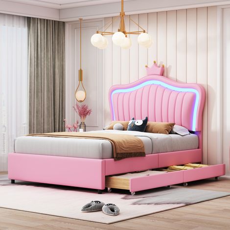 Lit rembourré, en PU, éclairage LED, avec tiroirs, cadre à lattes, rose, 90 x 200 cm, pour chambre enfant, tiroirs rangement