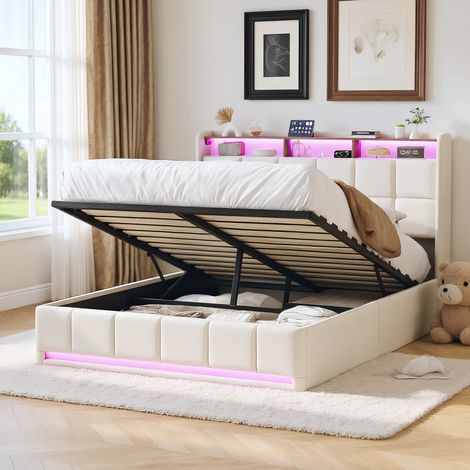 Polsterbett Doppelbett 160x200 cm mit Hydraulischem Stauraum, mit LED und USB-Ladestation, Modernes Jugendbett, Bett mit Kopfteil und Lattenrost, Leinen Beige, Ohne Matratze