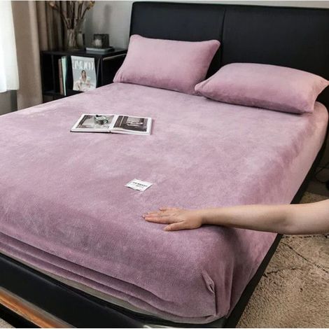 Drap Housse 150x200+26cm,Violet Drap de Lit en Flanelle de Laine et Velours Corail Housse de Matelas Chaleur Hivernale (1/5)