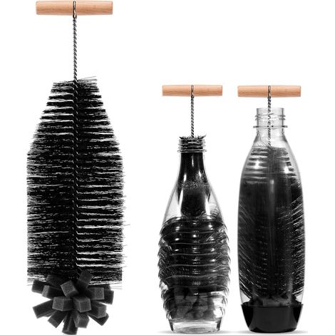 Die 35 cm Bürste ist ideal für Sodastream-Glas- und Duo-Kunststoffflaschen. Sie hat Harte Borsten und einen weichen Schwamm, reinigt kraftvoll, ohne die Flasche zu beschädigen, 1 Pack Schwarz (1/5)
