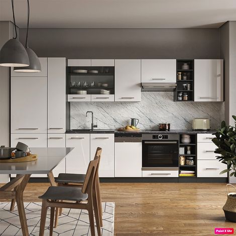 Cuisine Fame-Line, Blanc brillant/Anthracite, 355 cm , PT Marbre, Vicco