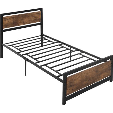Cadre de lit simple de style industriel en bois et acier avec lattes, 90 x 200 cm (1/5)