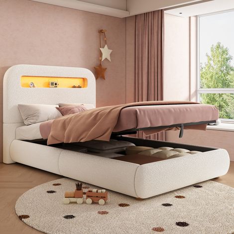Letto singolo 218x107x99 cm, contenitore idraulico, LED con controllo app, con testiera e rete a doghe, bouclé bianco (1/5)