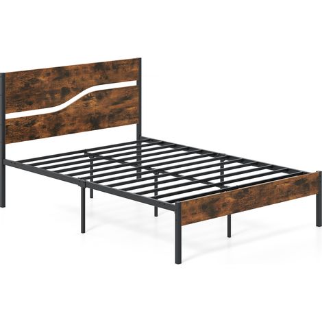 Cadre de Lit en Métal 200x140CM avec Tête et Pied de Lit en Bois, Lattes en Métal, Espace Sous le Lit, Pas de Sommier Nécessaire (1/5)