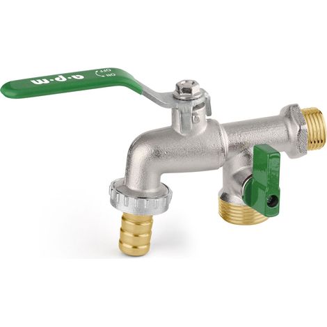 Rubinetto sfera da giardino doppio attacco 1/2" con portagomma e mini valvola APM 2040STV 015  1/2" x 3/4" x 3/4"