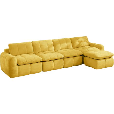 Sofá modular en L de chenilla amarillo, 4 plazas, con otomana, sin montaje (1/5)