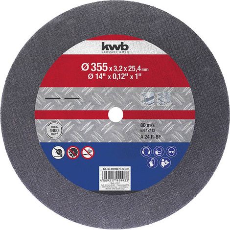 KWB DISQUE À TRONÇONNER EN MÉTAL 355 MM D'ÉPAISSEUR 3,2 MM POUR TRONÇONNEUSES, MACHINES DE SÉPARATION ET COUPE-COUPE, AVEC RENFO (1/2)