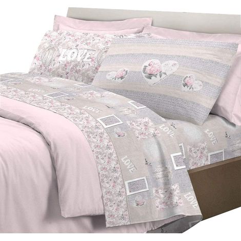 Completo letto lenzuola, parure, fantasia romantica 100% cotone, made in italy Rosa - Piazza e mezza