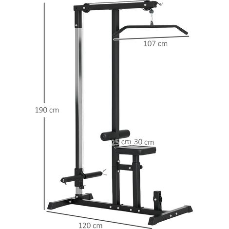 Station de musculation multifonctionnelle avec siège réglable et poulie, acier noir, 107x120x190 cm, équipement de fitness à domicile. (1/5)