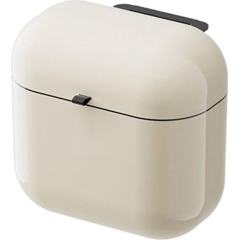 Papelera mural con tapa, cubo de basura ovalado impermeable, apto para espacios reducidos, debajo del fregadero y en armarios (beige/blanco) (1/4)