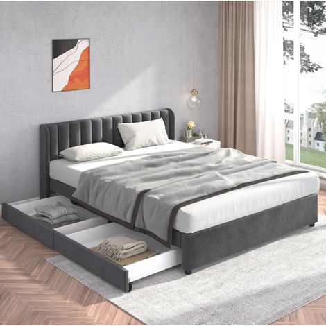 Cama tapizada 180x200 cm de terciopelo gris con 2 cajones, ahorra espacio, sin colchón – MEUBLIV (1/5)