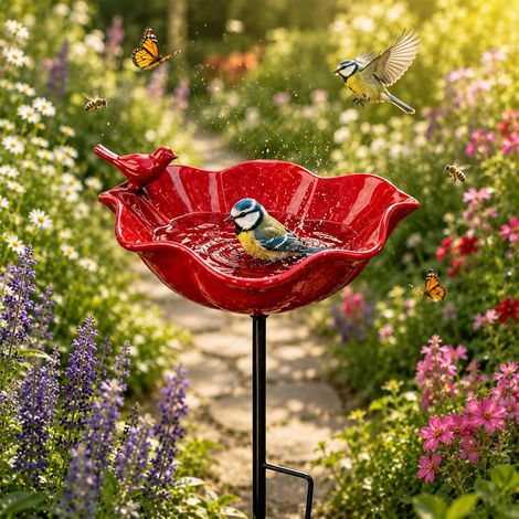 Abreuvoir à oiseaux floral en métal – Bain d'oiseaux sur pied 60 cm – Décoration de jardin pour oiseaux et insectes – Résistant aux intempéries (1 pièce) (1/4)
