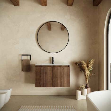 Meuble de salle de bain suspendu 60 cm deux portes chêne foncé cannelé avec lavabo Pelion (1/4)