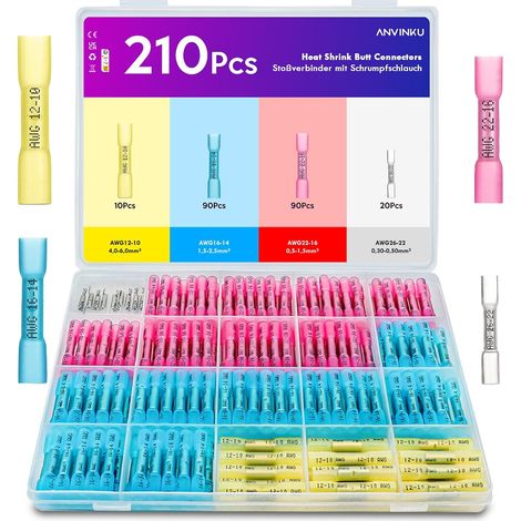 Lot de 210 connecteurs à sertir avec gaine thermorétractable 10-22 AWG - Connecteur de câble étanche - 4 types de connecteurs à sertir étanches - Pour voiture, bateau, marine (1/5)
