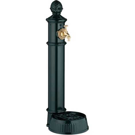 Relaxdays Fuente de Pie Antigua, con Grifo y Lavabo, 83x26x31,5 cm, Bebedero de Jardín, Terraza, Aluminio Fundido, Verde