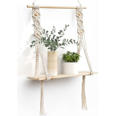 SUMGAR Etagere Murale Bois Macramé Boheme Design Etagere Suspendue Corde Flottante de Plantes Interieur Exterieur Rangement Decoration pour Salle de Bain Cuisine Chambre Bureau Salon (1/5)