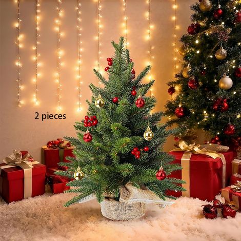 60 cm kleiner künstlicher Weihnachtsbaum für drinnen, Tischdekoration mit roten Beeren und Christbaumkugeln (1/4)