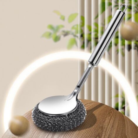 Brosse à casseroles argentée avec une poignée, manche isolant Brosse de nettoyage avec poils en fil d'acier (1/5)
