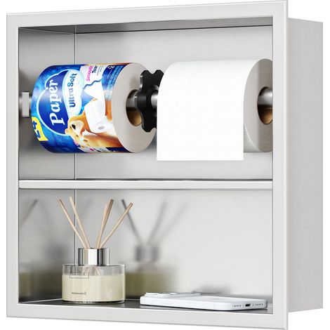 2 en 1 Porte-papier WC Encastré avec Tablette, Nickel Brossé