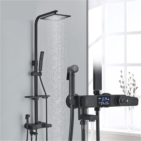 Ensemble de douche mitigeur thermostatique intelligent Robinets de douche thermostatiques noirs écran d'affichage numérique mélangeur froid chaud systèmes de bain pommeau de douche à effet pluie avec (1/5)