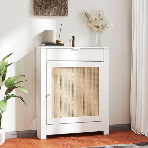 Cubre Radiadores con Puerta Abatible y Ratán Compartimento Diseño Bohemio para Salón Dormitorio Blanco (1/5)