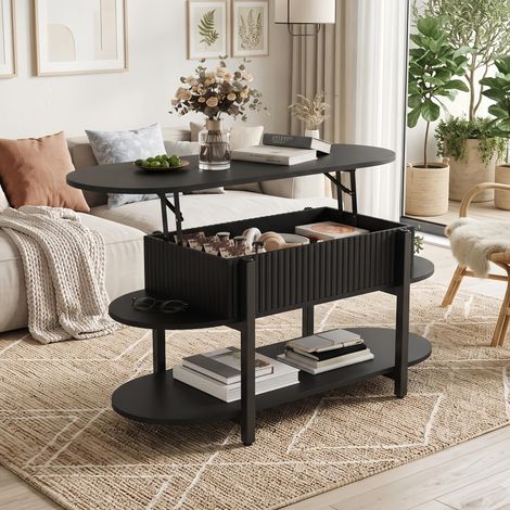 Table Basse Relevable Noire 106 cm avec Coffre de Rangement Bureau de Salon, Gain de Place Plateau Hydraulique, Design Moderne