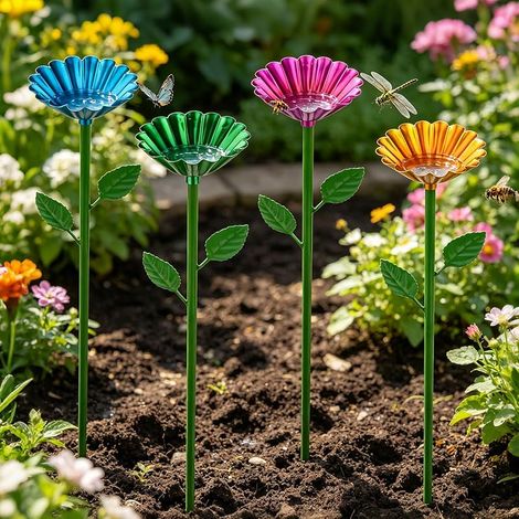 Lot de 4 abreuvoirs à insectes pour le jardin, en forme de fleur, en métal, avec prise de jardin, gobelets pour abeilles sauvages, papillons et pollinisateurs, décoration de jardin, balcon, extérieur