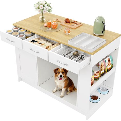 CHICFURN Isola cucina 120x60x90 cm MDF bianco, 3 cassetti, ripiano regolabile e vano animali (1/5)