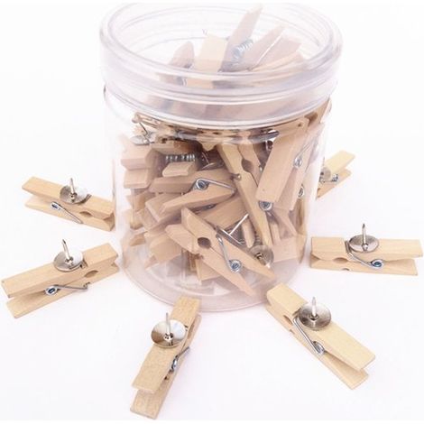 Pinzas de madera con chinchetas，Pinzas de madera con chinchetas，100 unidades，Pinzas de 3,5 cm de largo，Chinchetas de 1 cm de largo (1/5)