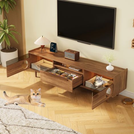 Meuble TV moderne 180x40x50cm - espace de repos pour animaux - avec éclairage LED - 1 tiroir et 2 portes - naturel (1/5)