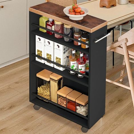Chariot de Rangement de Cuisine Slim Design Industrial, Chariot Multifonction économe en Espace Noir avec 4 étagères et Roues Mobiles à 360 °, étagère de Rangement 50 x 16 x 80 cm (Noir) (1/5)